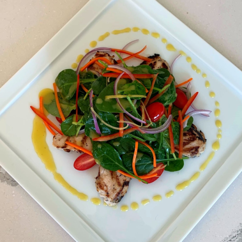 Grilled Chicken and Baby Spinach Salad with Hero Lemon Vinaigrette